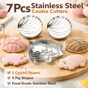 2 Pcs Concha Stamp & 5 Pig Cookie Cutters – 7 Piece Mexican Baking Set for Conchas Mold, Marranitos, Pastry Tools