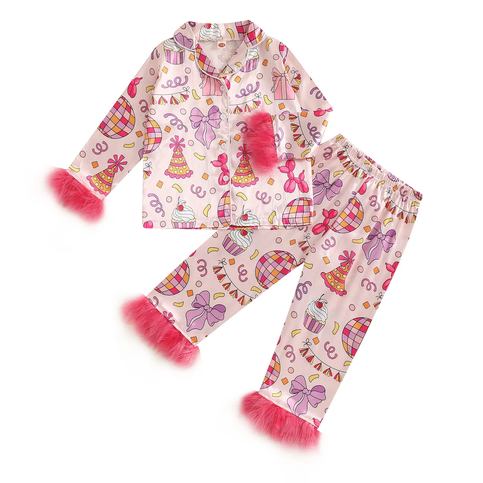 Toddler Baby Girl Birthday Pajamas Fuzzy Trim Button Long Sleeve Bow Print Shirt Pants Set Kids 2pcs Loungewear Sleepwear