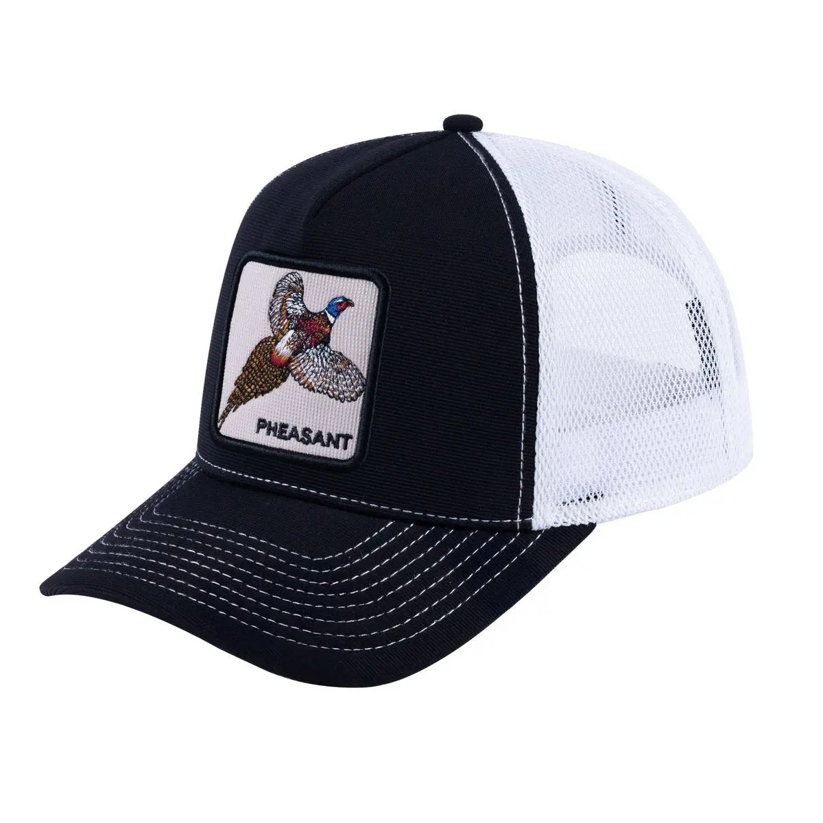 V2 Embroidered The Pheasant - 5 Panel Trucker Hat - Black/White