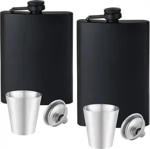 2 pcs Hip Flask for Liquor for Men Matte Black Stainless Steel Leakproof Funnel and Cups, with Never-Lose Metal Cap, Drinking Flasks for Wedding Party Gift Outdoor Activities( 8oz+2Pcs Cups) Drinkware Beach Beverage Golf