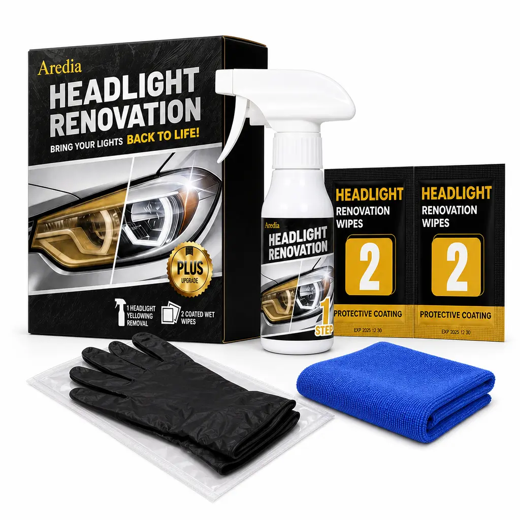 Aredia Headlight Renovation Kit - No Power Tools DIY Exterior Lens Care, Step1 Cleaner and Step2 Protective Coating Wipes for Yellowed Hazy Headlights