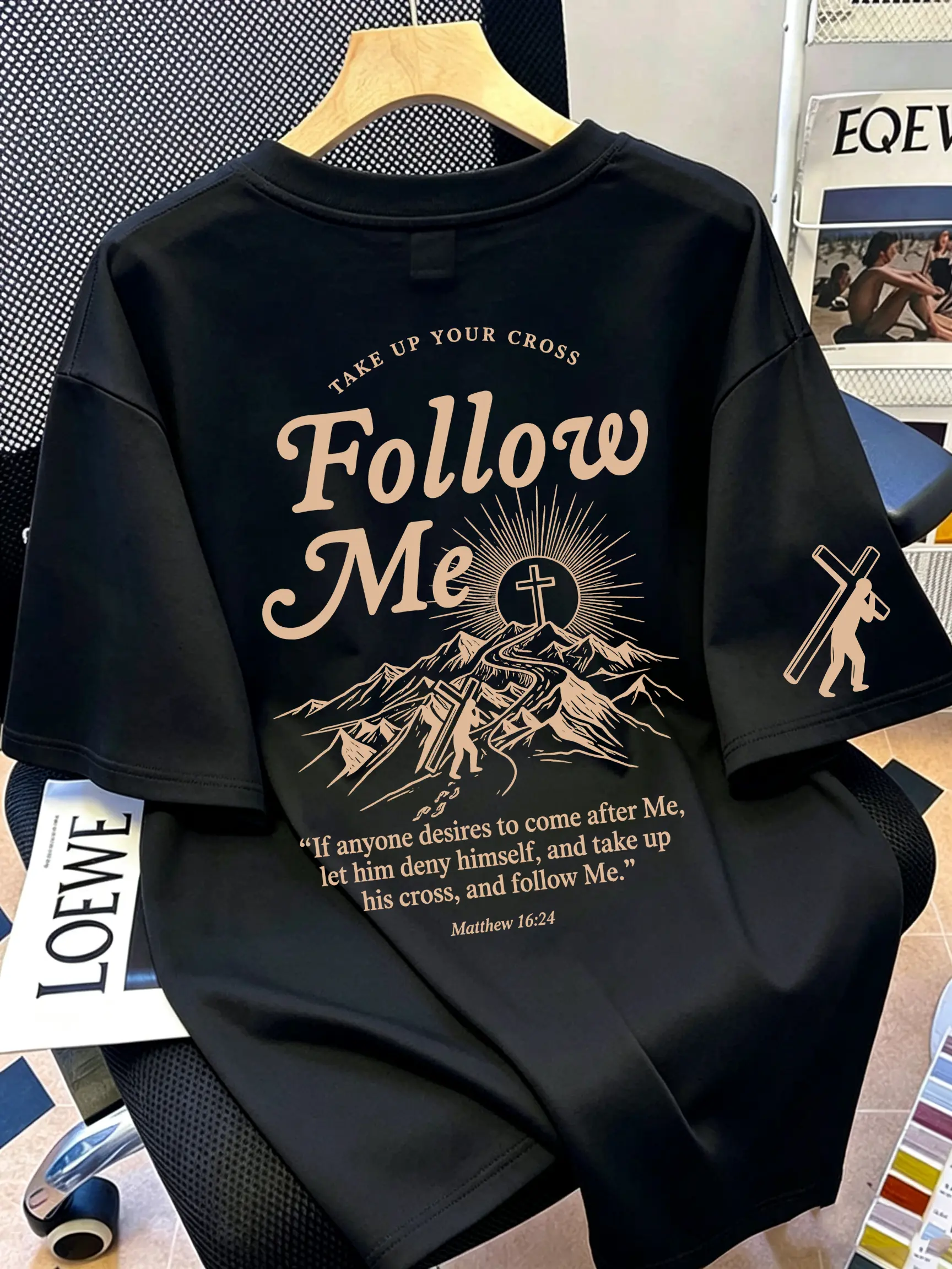 Vintage Tan Ink “Follow Me” Mountain Path Cross‑Bearer Back Print Mini Carrying‑Cross Figure Sleeve Graphic Tee | Matthew 16:24 Scripture Believer Everyday Oversized Casual Shirt