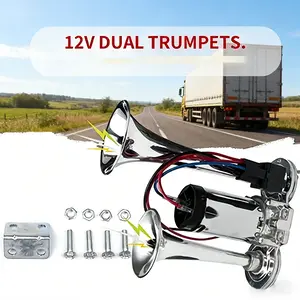 Ultra Loud 12V 130DB Air Horn Kit with Compressor, Universal Dual Trumpet Zinc Alloy Chrome Horn, Waterproof Durable Safety Warning Accessory for Vehicle Truck SUV Motorcycle Boat