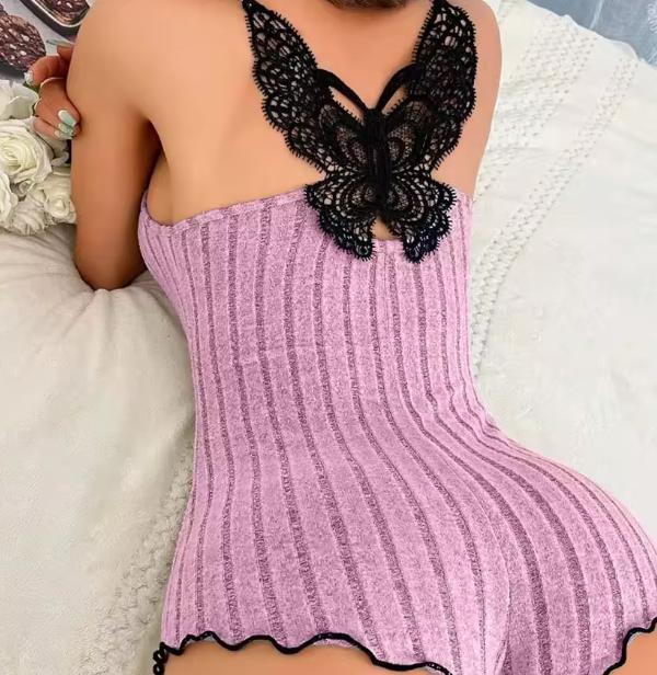 Women's Suspenders Lace Trim And Bow Design Pajamas Sleeveless V-Neck Pajamas Set Sleepwear Suit Sexy Solid Home Clothes Summer Womenswear