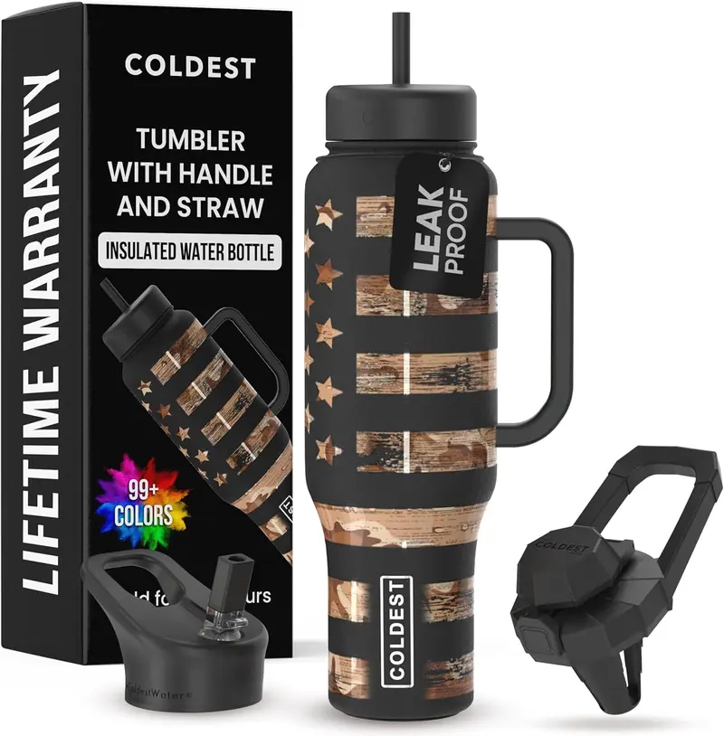 Coldest Tumbler with Handle and Straw, 100% Leak Proof Insulated Tumbler with Lid and Straw (3 Lids), Stainless Steel Tumblers for Women & Men, Cup Holder Friendly, 46 oz (Camouflage Flag)