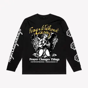 Women's Crew Neck Long-Sleeve Angel Print T-Shirt - "Prayer Changes Things" Statement Graphic, Black Streetwear Top, Everyday Casual Tee
