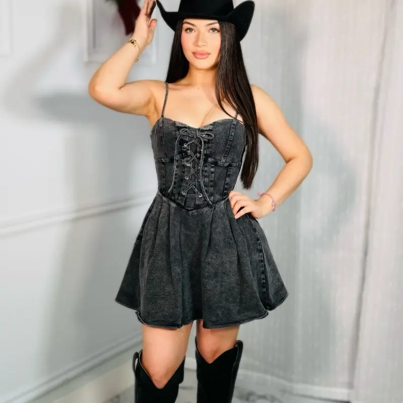 Dark Wash Denim Dress with Lace-Up Front and Flared Skirt for Women - TikTok Shop Dark Wash Denim Dress with Lace-Up Front and Flared Skirt for Women - TikTok Shop