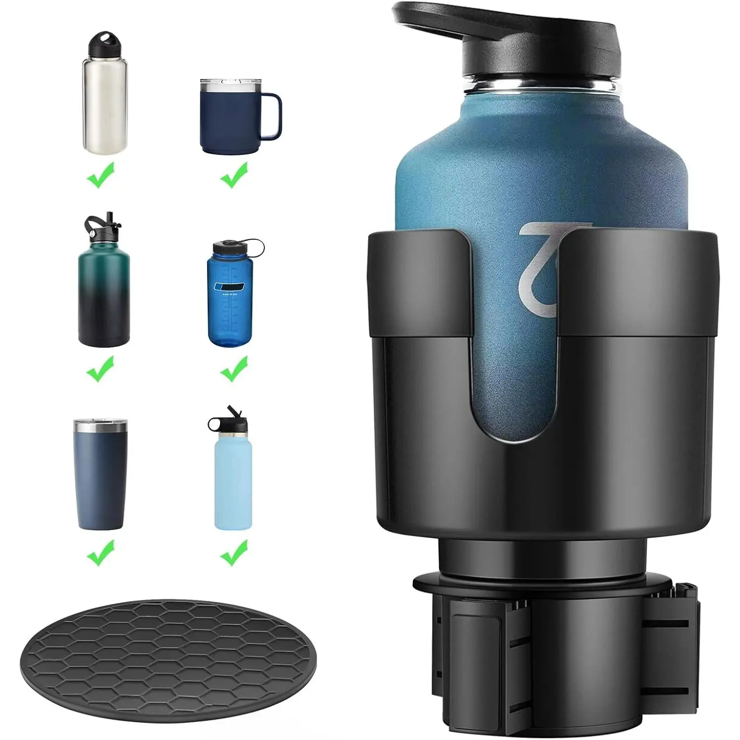Cup Holder Expander, Cup Holder Extender for  with Adjustable Base, Fits Yeti 24/36/46oz, Hydroflask 32/40oz, Large Bottles in 3"-3.9" (16-40oz)