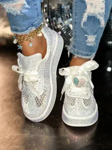 Women's Thick Sole Dad Shoes, Rhinestone Embroidered Unique Design, Hand-Embedded Rhinestones Fashion Luxury Casual Women's Shoes