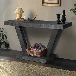 60 Inches Vintage Distressed Wood Entryway Bench with 2-Tier Solid Wood Veneer Storage Cabinet Rustic Wide Design for Hallway Living Room & Behind Sofa, console table, Antique Black  RR