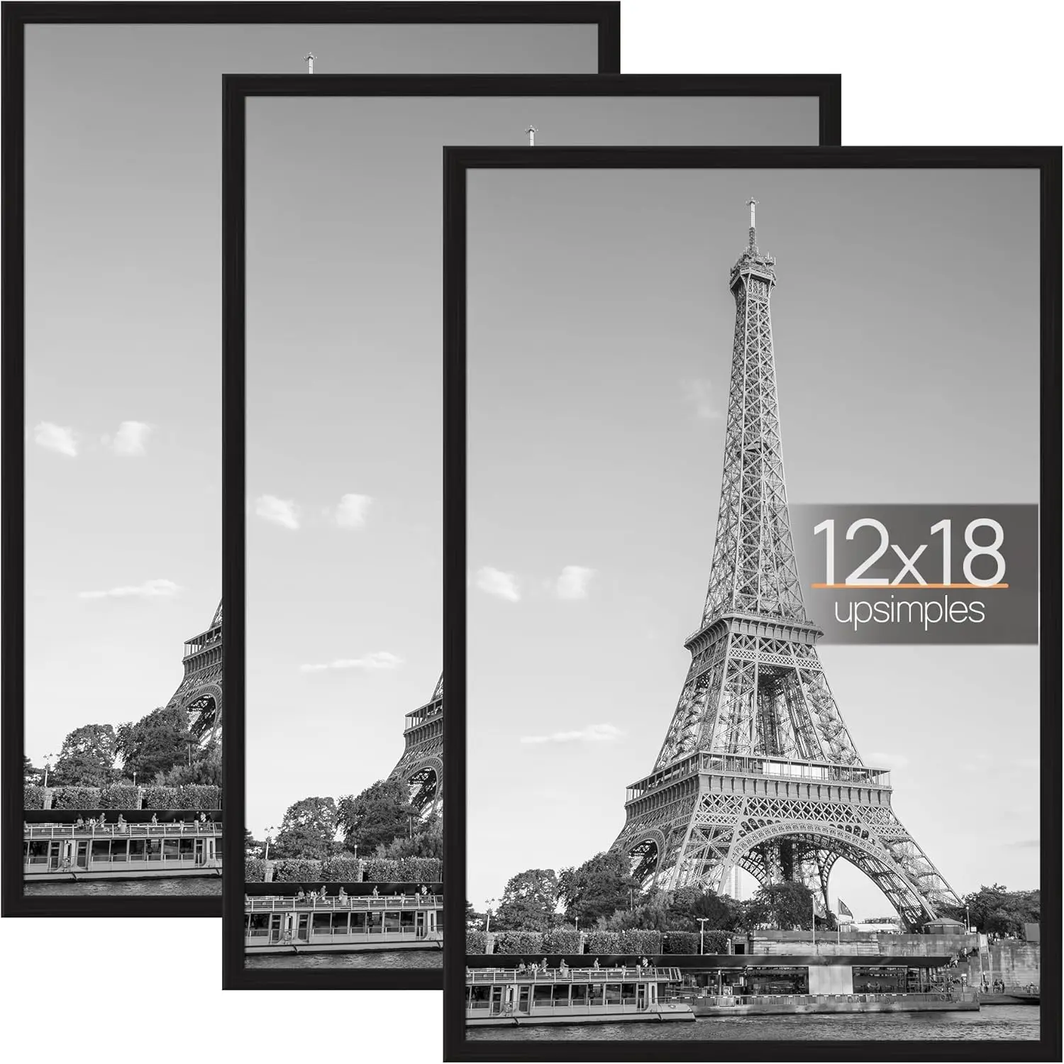 12x18 Picture Frame Black 3 Pack, Scratch-Proof Poster Frames 12 x 18 for Photo Gallery - Slide-In Strips, Horizontal or Vertical Wall Mounting