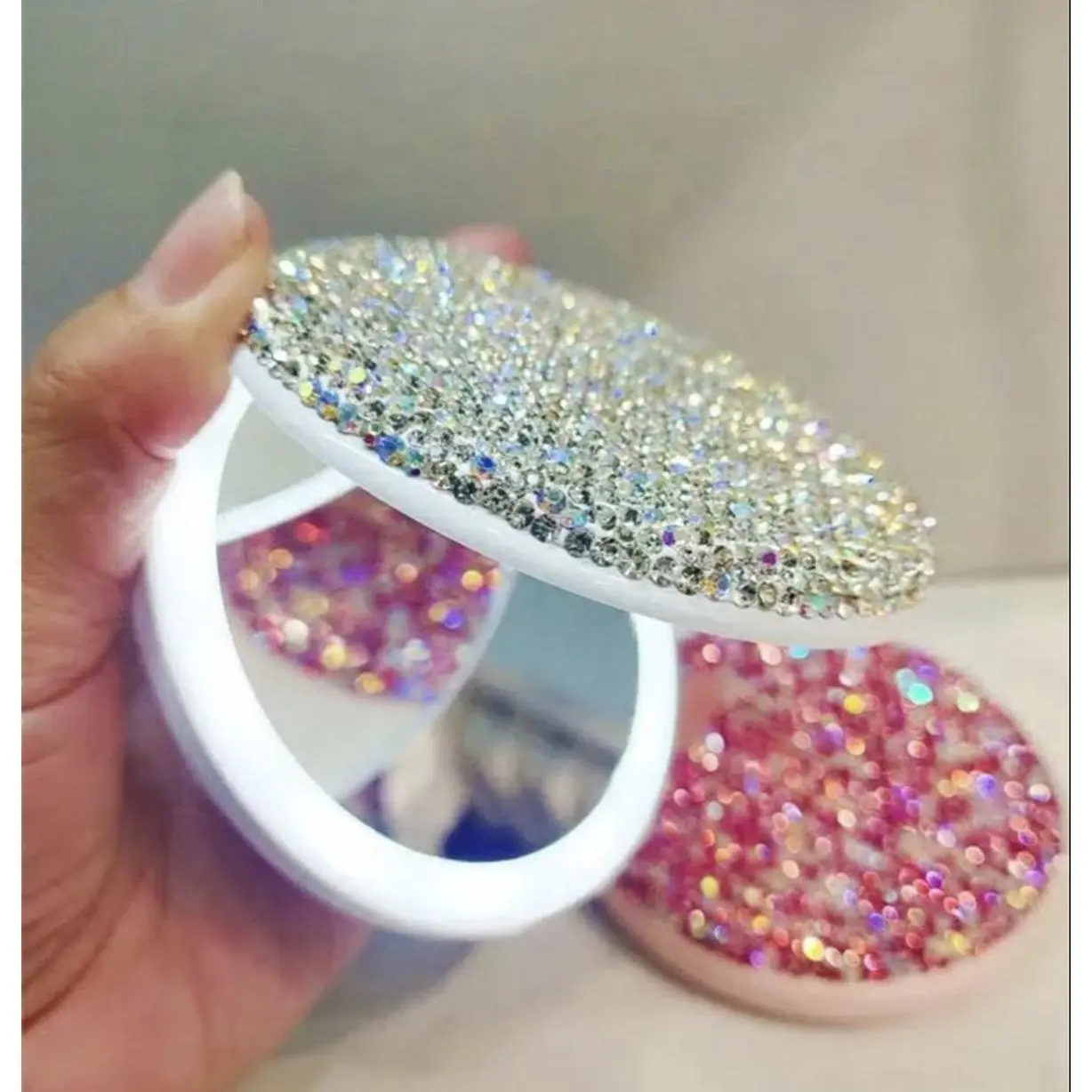 Handmade Rhinestone LED Compact Mirrors - Rechargeable USB-Powered, 3x Magnified, Slim High-Definition, Portable, Gym Bag Essential, Gifts for Women Mini Useful Gifts with Lighting G( available in Silver & Pink). Limited Edition