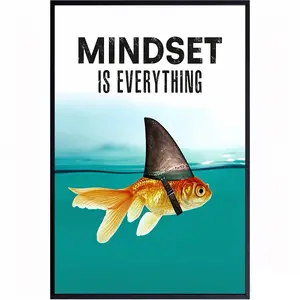 Mindset is Everything - Motivational Wall Art Poster for Home, Office - Gift for Entrepreneur, Student, Men, Teens - Inspirational Decor - Uplifting Self-Improvement Positive Quote - Shark Goldfish 8*12 in