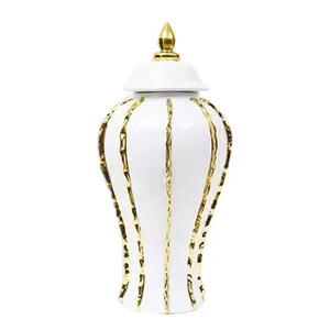 Home Decor Ceramic Ginger Jar with Lid , 12 inchWhite Gold Decorative Flower Vase for Home, Living Room, Weddings, Centerpieces ,Deals for you days Entryway Gift