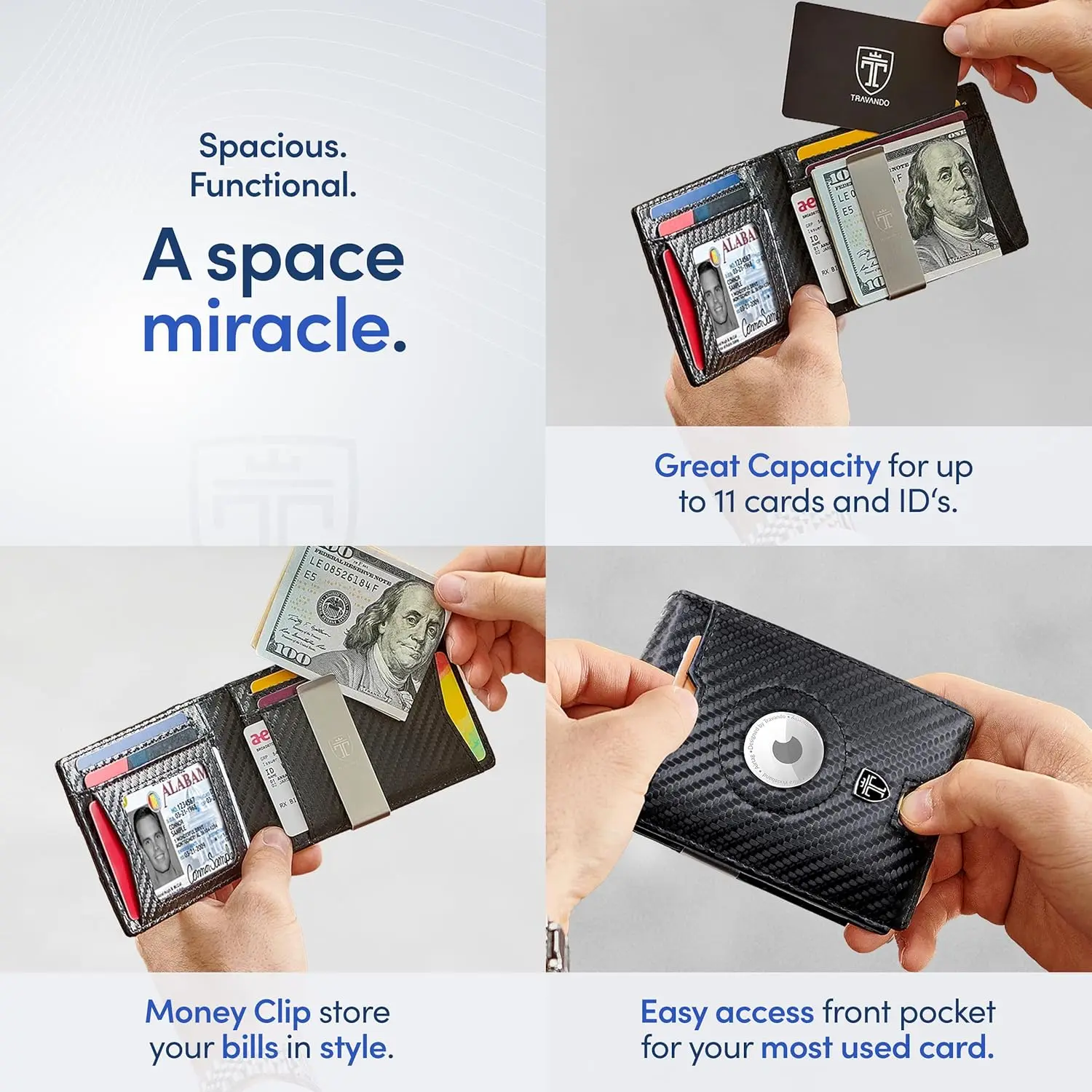 TRAVANDO Airtag* Wallet Mens Wallet with Money Clip Air Tag Wallet Card Holder RFID Blocking Bifold Gifts for Men Travando