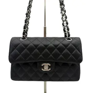 Pre-owned CHANEL Classic Flap Medium Black Caviar Leather Silver Hardware Quilted Crossbody Bag Chip Version