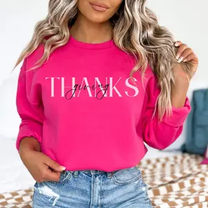 Thanksgiving Sweatshirt - White Winter Sweater with Barbie Pink Pop - Women's Tops