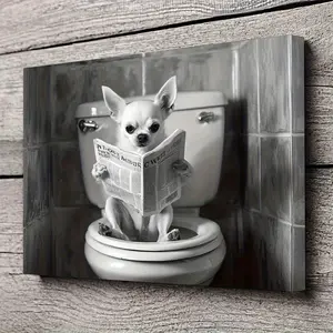 JIT 1pc Vintage Chihuahua Reading Newspaper Canvas Wall Art, Wooden Frame Home Decor, Multipurpose Ready-to-Hang Print, No Battery Required, Ideal Gift for Pet Lovers ，Dog Decor
