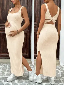 Maternity Solid Color Ribbed Slit Sleeveless Midi Dress Beige Cut Out Maxi Bodycon Knit Two Piece Set