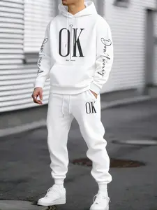 Men's Spring Fall Casual Letter Print Hoodie Set, Trendy Fitted Sweatshirt, Easy Style for Fashionable Guys, Perfect for Daily Wear