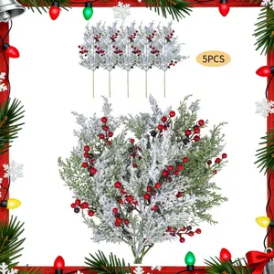 5 Pcs Snowy Artificial Cedar Picks with Red Berries Frosted Faux Cedar Sprays Christmas Cedar Greenery Branches Stems for Christmas Tree Wreath Floral Arrangement Vase Winter Holiday Décor