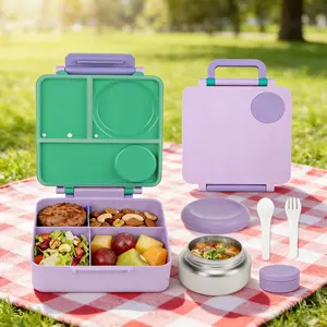 Family Meal Bento Box with Insulated Jar, Sauce Container, Spoon Fork Set, Detachable Divider, Portable Handle, Leak-Proof Lunchbox, Leakproof Lunch Box, Leakproof Lunch Containers, Food Box