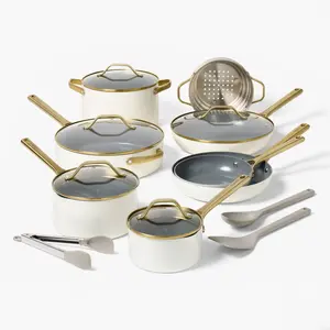 16pc Nonstick Ceramic Coated Aluminum Cookware Set with Champagne Handle Cream - Figmint