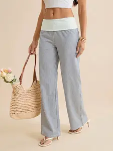 Foldover Waist Striped Wide Leg Pants, Lightweight Casual Summer Palazzo Pants, Breathable Relaxed Fit Trousers, HighWaistedStriped Pants, Comfy Flowy Summer Pants, Versatile Daily Wear Pants, Casual Loose Fit Pants, Soft Fabric Striped Trousers for All
