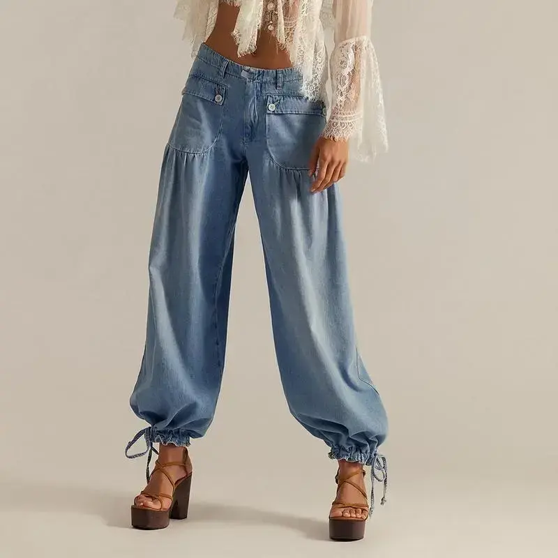 Women’s Light Blue Mid-Rise Wide-Leg Denim Jogger Jeans - Baggy Casual Drawstring Cuff Balloon Style, Loose Fit, Crochet Tee-Inspired, Breathable for Daily Bohemian Outfits, Pants, Daily Wear, Streetwear, Balloon Jogger