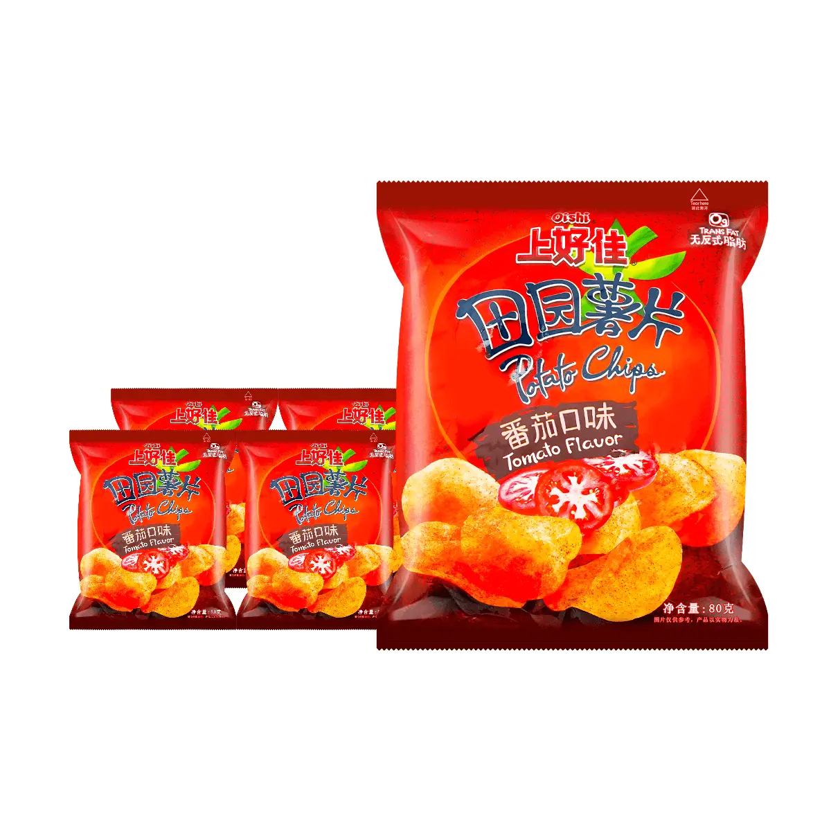 OISHI Tomato Flavored Potato Chips 5 Pack - Crispy Snack Bags 80g Each - Random Packaging