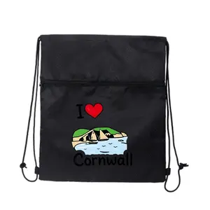 I ❤️ Cornwall Coastal Getaway Cute Graphic Unisex Black Drawstring Zipper Backpack