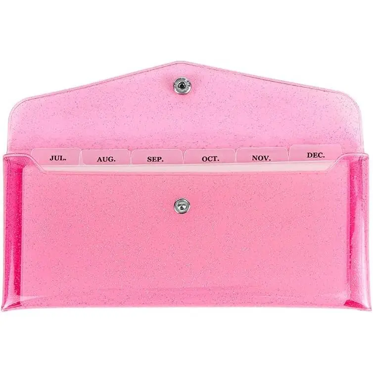 Cash Envelope Wallet with 6pcs Divider with Pockets and 2pcs Tab Stickers Set Reusable Budget Envelopes Pink Glitter PVC Money Bag Pouch Organizer for Budgeting Bill Receipt Coupons