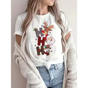 Women's Christmas Pattern T-Shirt with Santa Claus Reindeer & Snowman Design Plaid Leopard Print Breathable Round Neck Casual Top Machine Washable Holiday Gift
