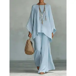 2026 New Arrival: Minimalist, Loose-Fit Linen-Blend Shirt and Wide-Leg Pants Set for Women-Perfect for Vacations, Strolls, Casual Outings, Street Style, the Beach, and Home-Summer Women's Clothing and Pants-Women's Everyday Outfits matching