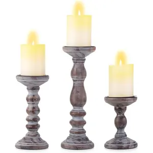 Wooden Pillar Candle Holder Rustic Brown Candle Stand Wood Distressed Candleholders Farmhouse Fall Decor for Christmas Fireplace Mantle Dining Table Living Room Shelf Set of 3