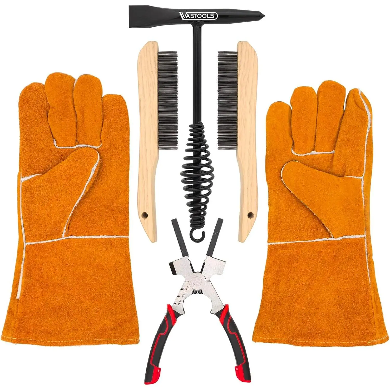 Welding Accessories,5pc,Chipping Hammer 10.5", Leather Welding Gloves 13.5",6-in-1 Welpers Pliers 8",Wire Brush 10"