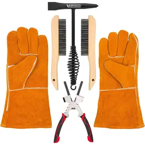 Welding Accessories,5pc,Chipping Hammer 10.5", Leather Welding Gloves 13.5",6-in-1 Welpers Pliers 8",Wire Brush 10"