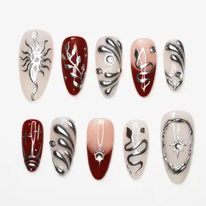 Chrome Red Abstract Press On Nails, Metallic Nail Art, 3d Chrome Nails, Red Nude Nails, Statement Nails, Edgy Glam Nails