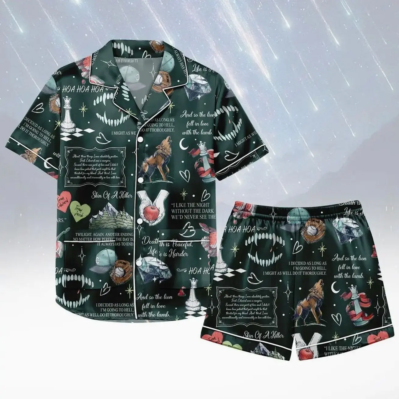 Vampire Short Satin PJs Set, TwiIight Satin Pajamas, Dark Night Short Pajama Set, Women Pyjama, Gift for Her