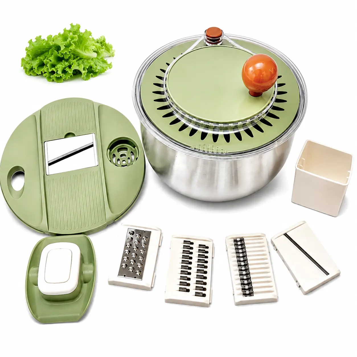 5.3Qt Stainless Steel Salad Spinner, Lettuce & Vegetable Dryer with 5 Interchangeable Blades, Crank Handle, Stop Button, Drain Hole, Non-Slip Base, Dishwasher Safe