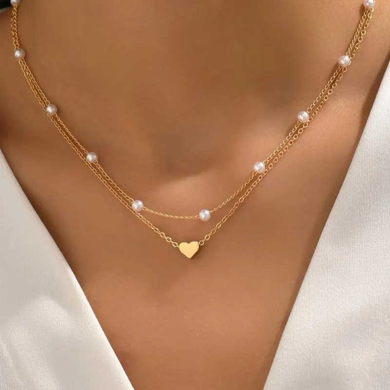 2pcs Women's Faux Pearl Heart Decor Chain Necklace, Daily Clothing Decor for Girl, Elegant All-match Fashion Accessories for Daily Wear, Without Box