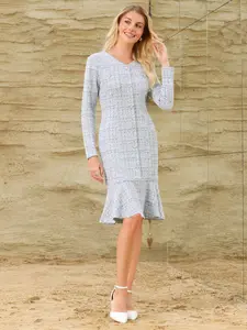 INSPIRE CHIC Women's Tweed Dress Long Sleeve Wedding Cocktail Bodycon Fishtail Dresses Light Blue
