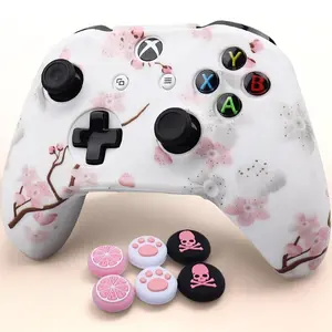 P-X Pink Silicone Controller Skin for Xbox One - Protective Cover with Blue Butterfly Design, Includes 2 Pro Thumb Grips & 2 Cat/Skull Caps