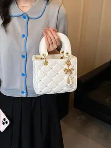 Women's Mini Quilted Handbag with Pearl Bow Charm, Versatile Crossbody Bag, Elegant Style for Daily Use and Dates
