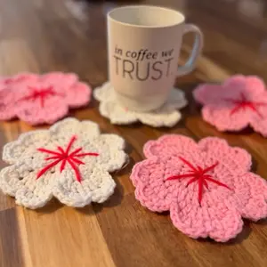 Crocheted Cherry Blossom Coasters - Set of 5 - Handmade Tableware for Home Decor