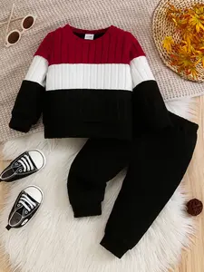 Boys' Casual Patchwork Colorblock Sweatshirt Pants Set, Comfortable Kids Clothing, Stylish for Daily Wear, Perfect Gift Idea, Clothes Kids