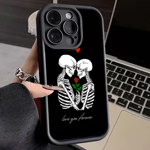 Phone case for iPhone 16 Pro Max 15 Plus 14 13 12 11 XR XS Till Death Do Us Part Skull Love Pattern Full Body Protection Shockproof Soft Silicone Cellphone Cover Valentine Gift For Girls and Women