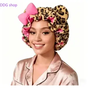 Leopard Print Teddy Bear Satin Sleep Bonnet for Women, Cute Coquette Hair Protection Cap with Adjustable Fit & Pink Bow, Soft Satin-Lined Sleep Hat for Overnight Hair Care & Night Routine