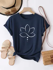 Women's Casual Short Sleeve T-Shirt Fit, Mandala Floral Print Round Neck Top, Summer Vacation & Daily Wear, Ladies Fashion