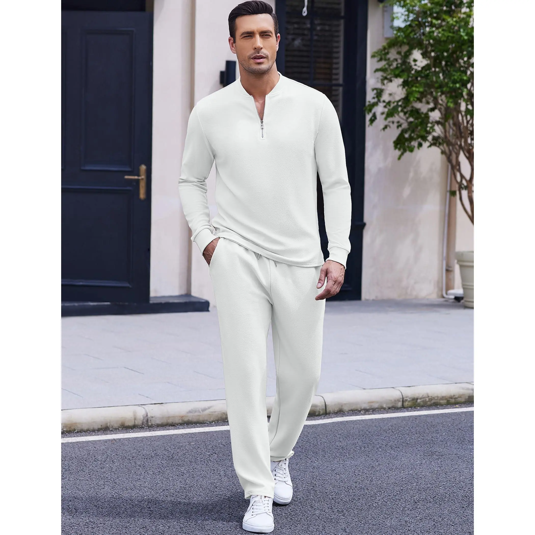 Coofandy Men's 2-Piece Quarter-Zip Long Sleeve Polo Tracksuit Set - Gym Mensfashion Casual Fit Athletic Jogging Sweatsuit, 2 Piece Mens
